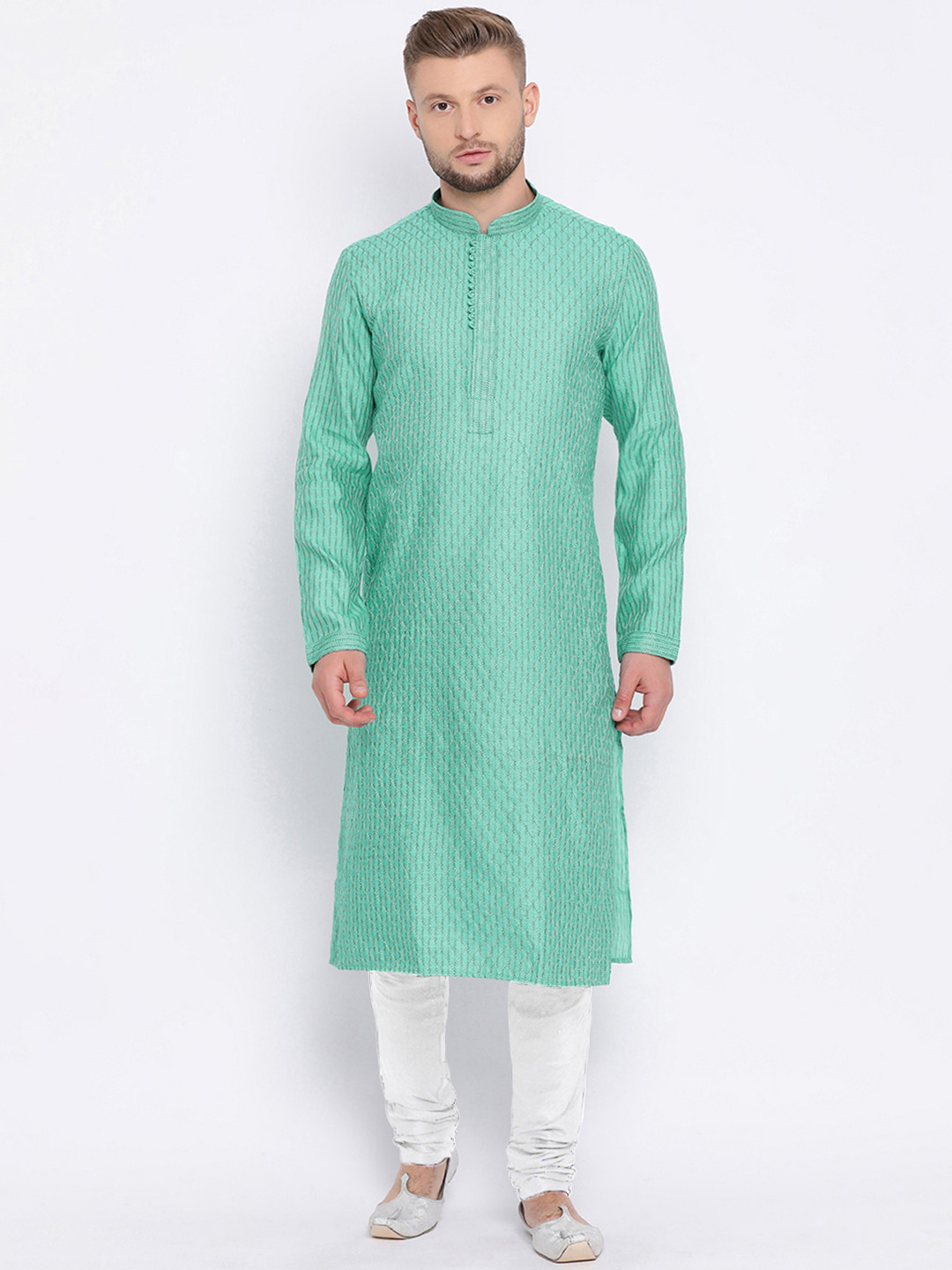 

Sanwara Men Sea Green & Cream-Coloured Self Design Kurta with Churidar