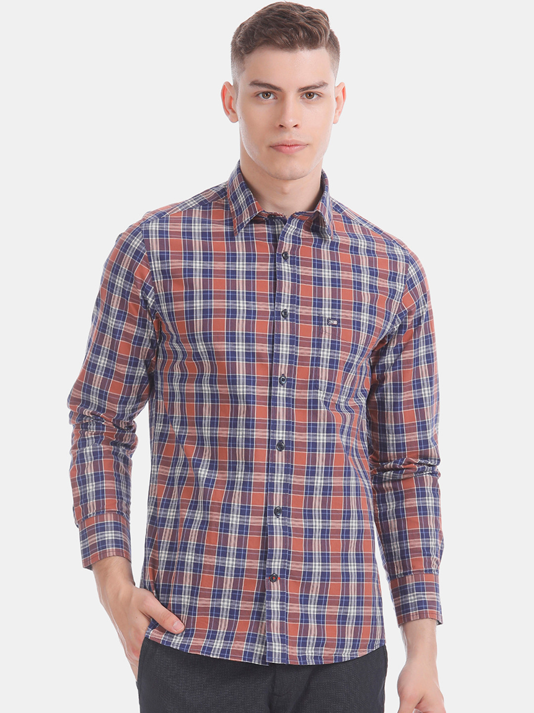 

Arrow Men Brown & Blue Slim Fit Checked Casual Shirt