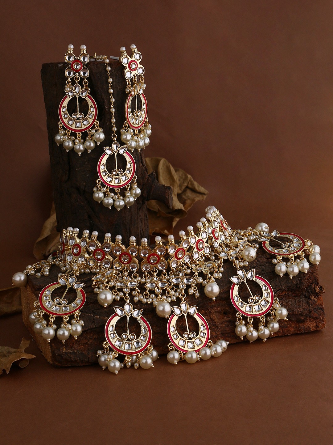 

Shoshaa Gold-Plated White & Pink Kundan Studded Meenakari Bridal Jewellery Set