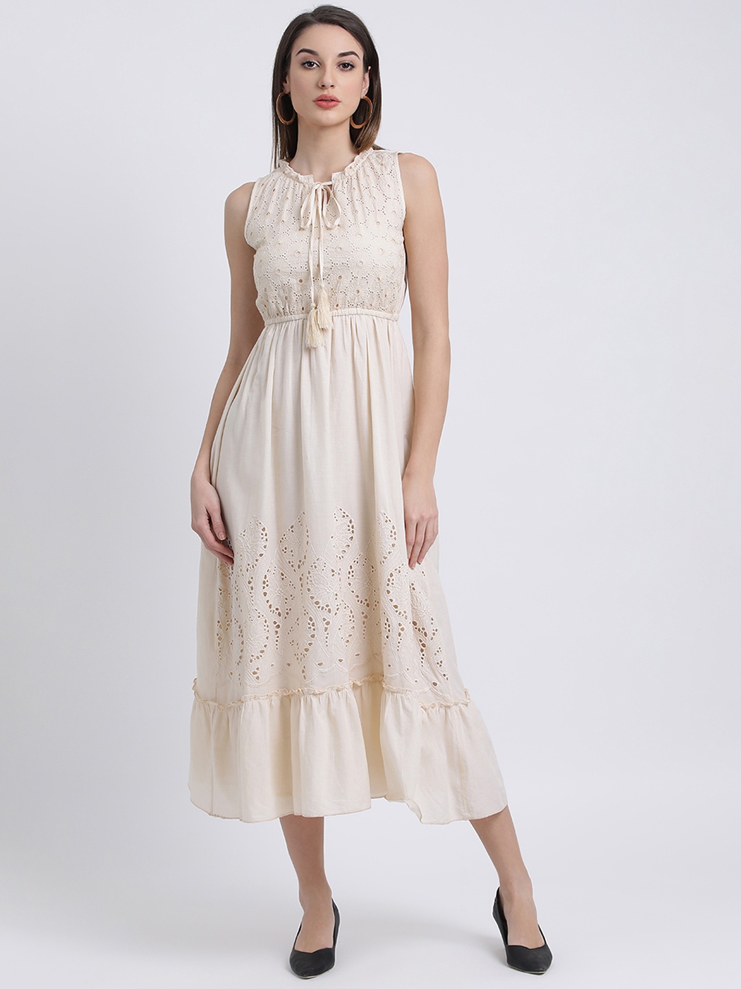 

Zink London Women Cream-Coloured Self Design Fit and Flare Dress