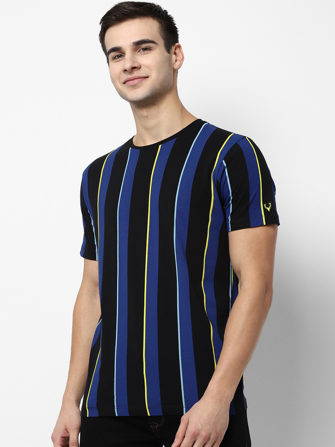 

Allen Solly Sport Men Blue Black Striped Round Neck Pure Cotton T-shirt