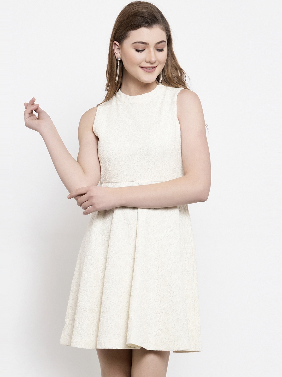 

Gipsy Women Cream-Coloured Solid Fit and Flare Dress