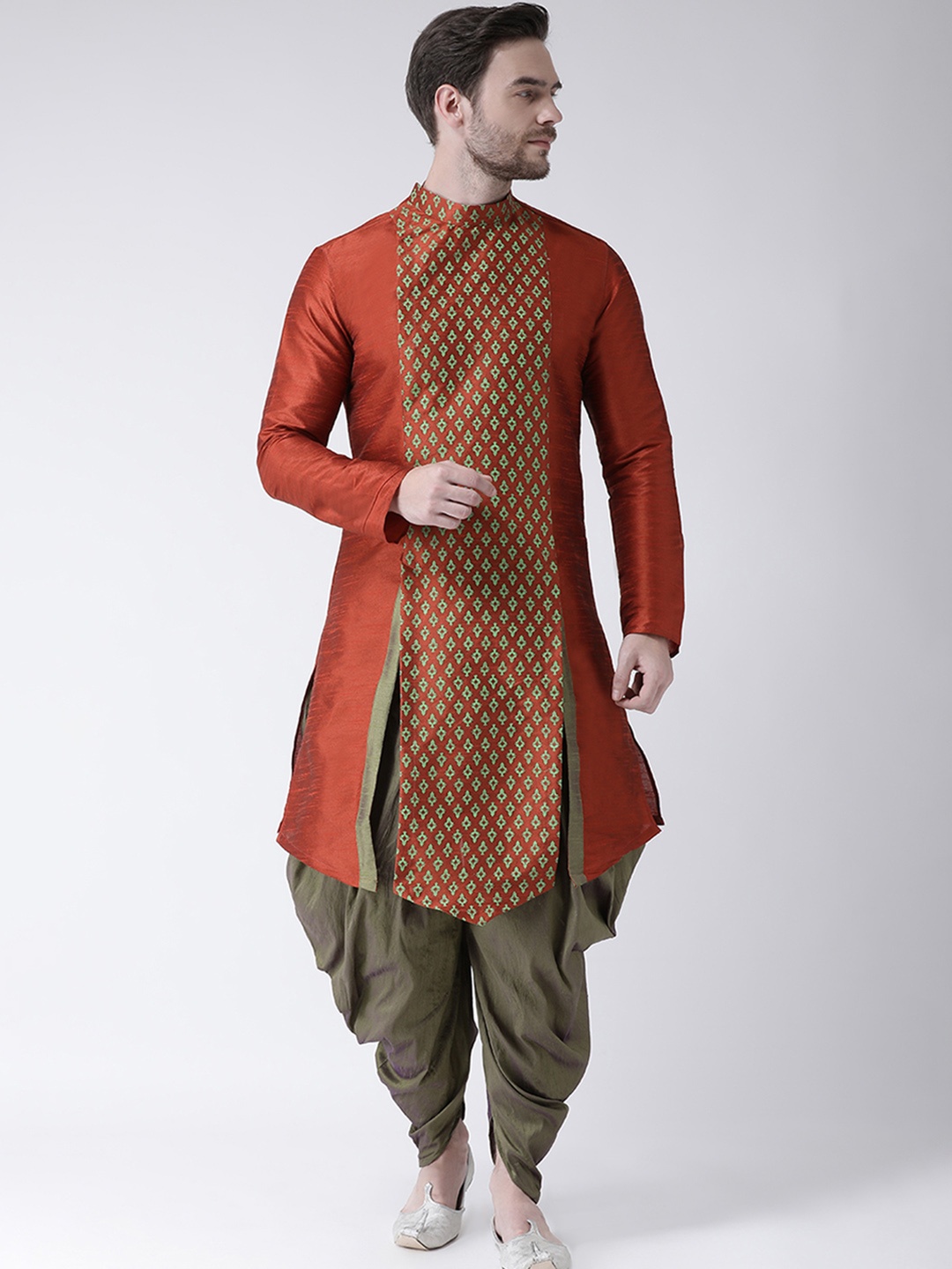 

DEYANN Men Orange & Green Printed Straight Kurta