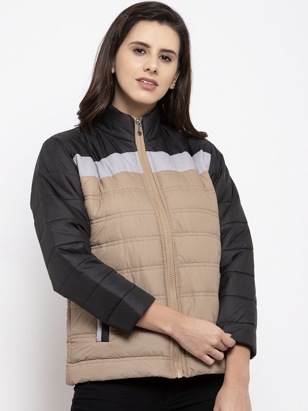 

VOXATI Women Beige & Black Colourblocked Puffer Jacket