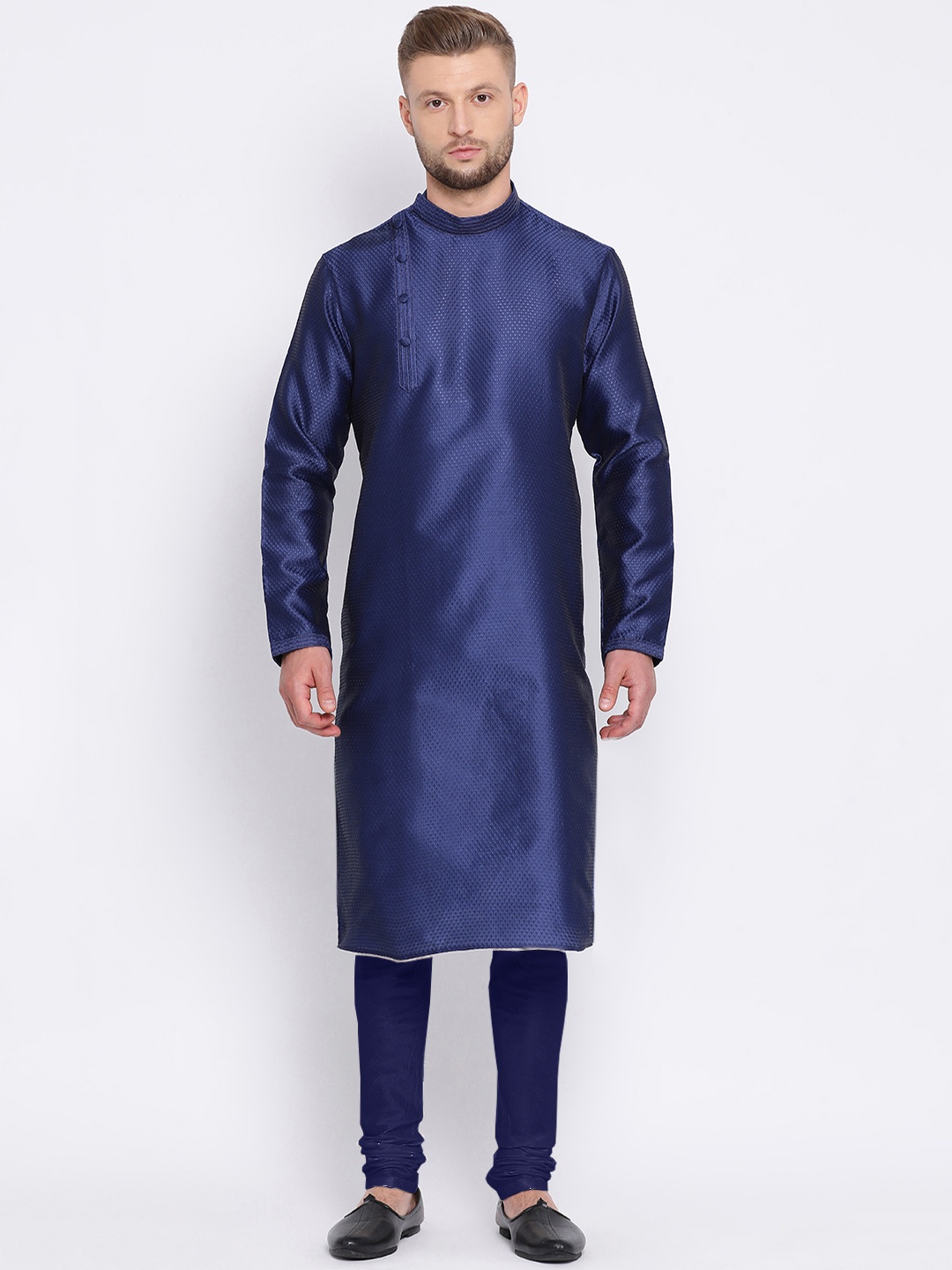 

Sanwara Men Navy Blue Self Design Kurta with Churidar