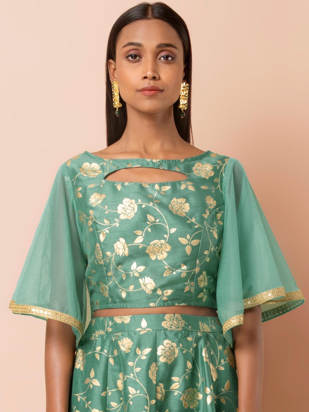 

INDYA Women Green Foil Print Ethnic Crop Top