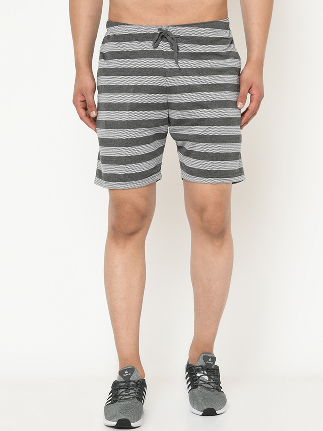 

MACK JONNEY Men Grey & White Striped Regular Shorts