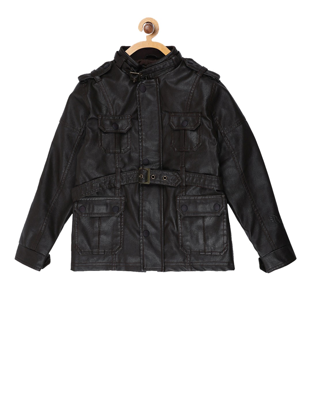

Blue Giraffe Boys Brown Solid Leather Jacket