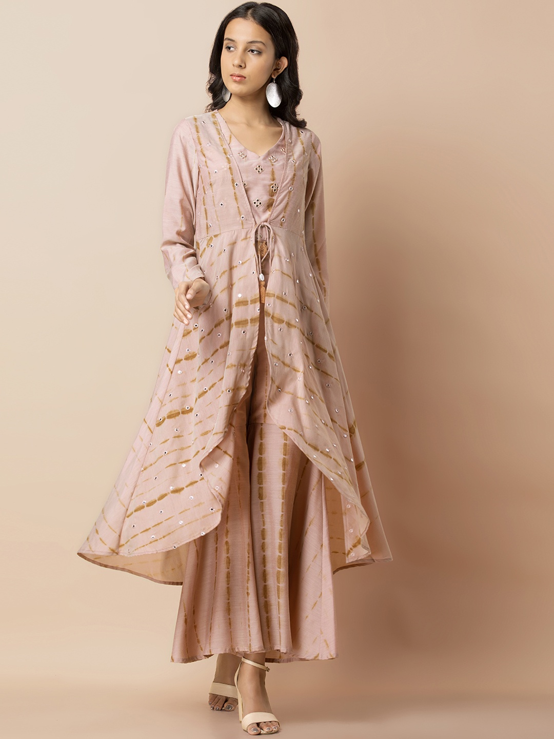 

INDYA Women Pink & Brown Tie Dye Tie-Up Ethnic Shrug