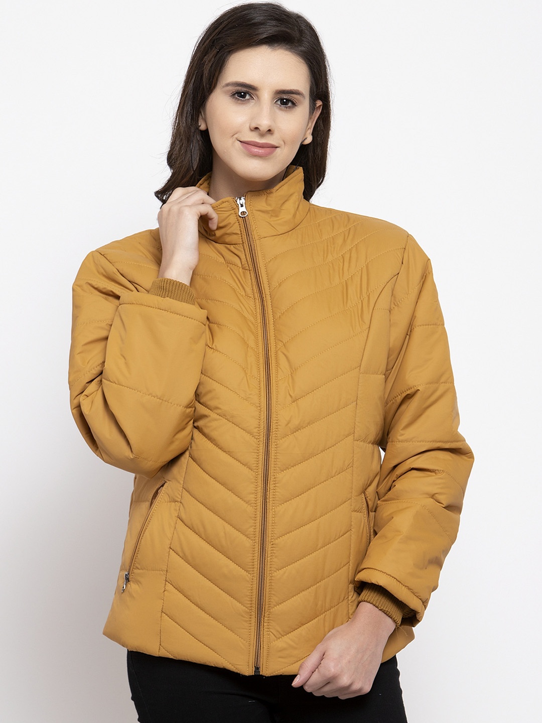 VOXATI Women Mustard Yellow Solid Padded Jacket
