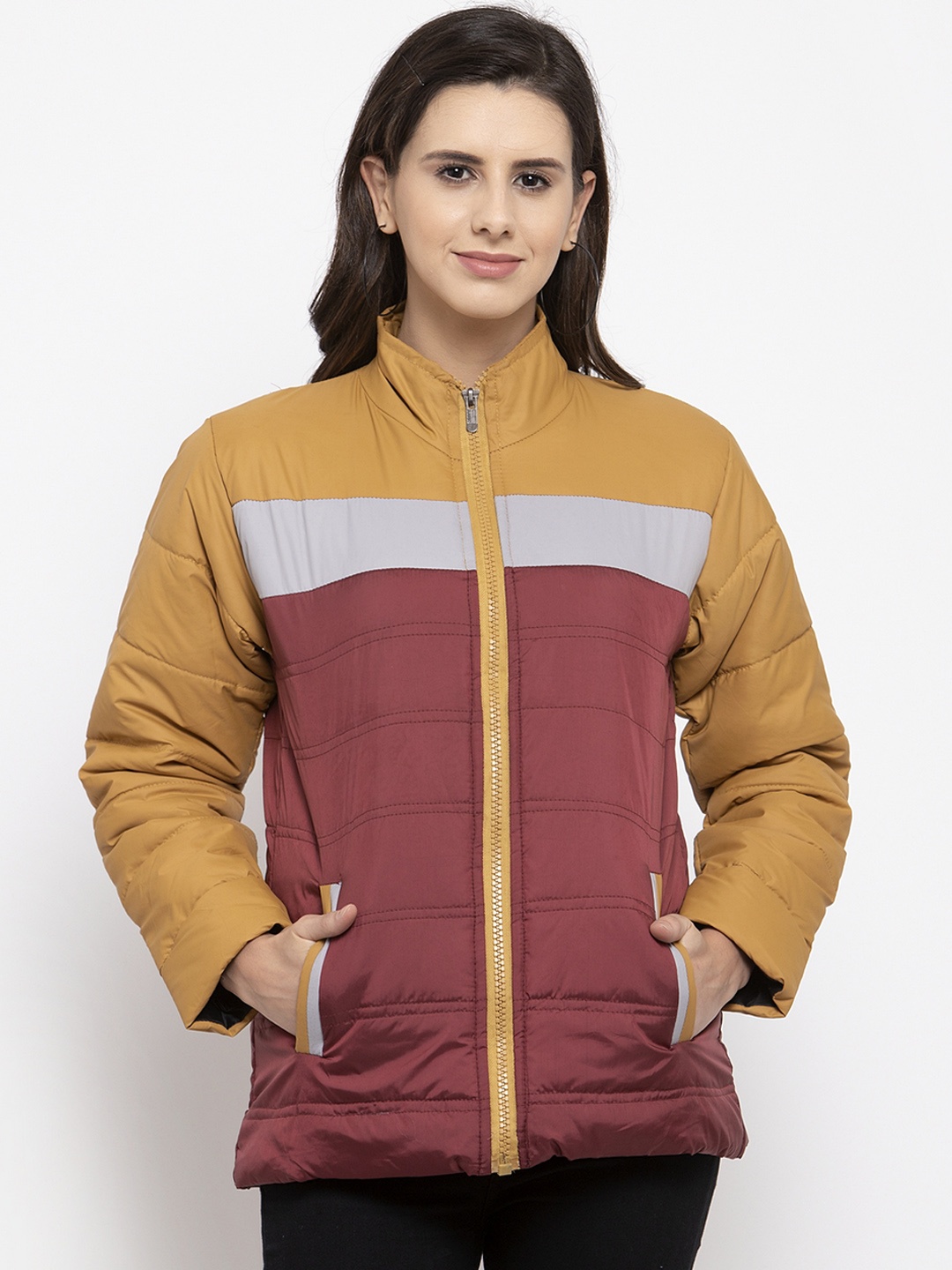 

VOXATI Women Maroon & Mustard Yellow Colourblocked Puffer Jacket