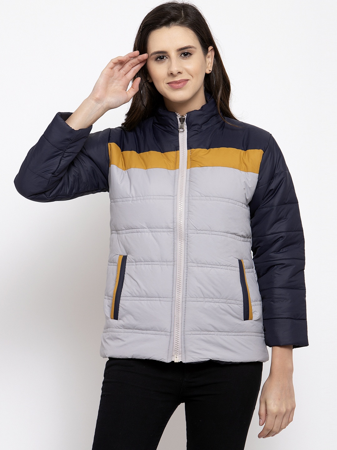 

VOXATI Women Grey & Black Colourblocked Puffer Jacket