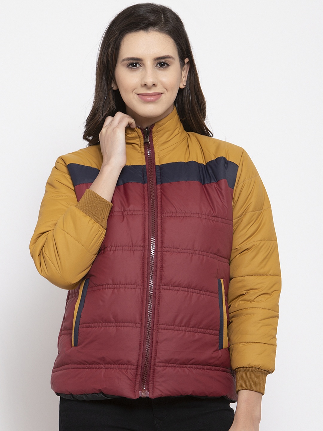 

VOXATI Women Maroon & Yellow Colourblocked Puffer Jacket