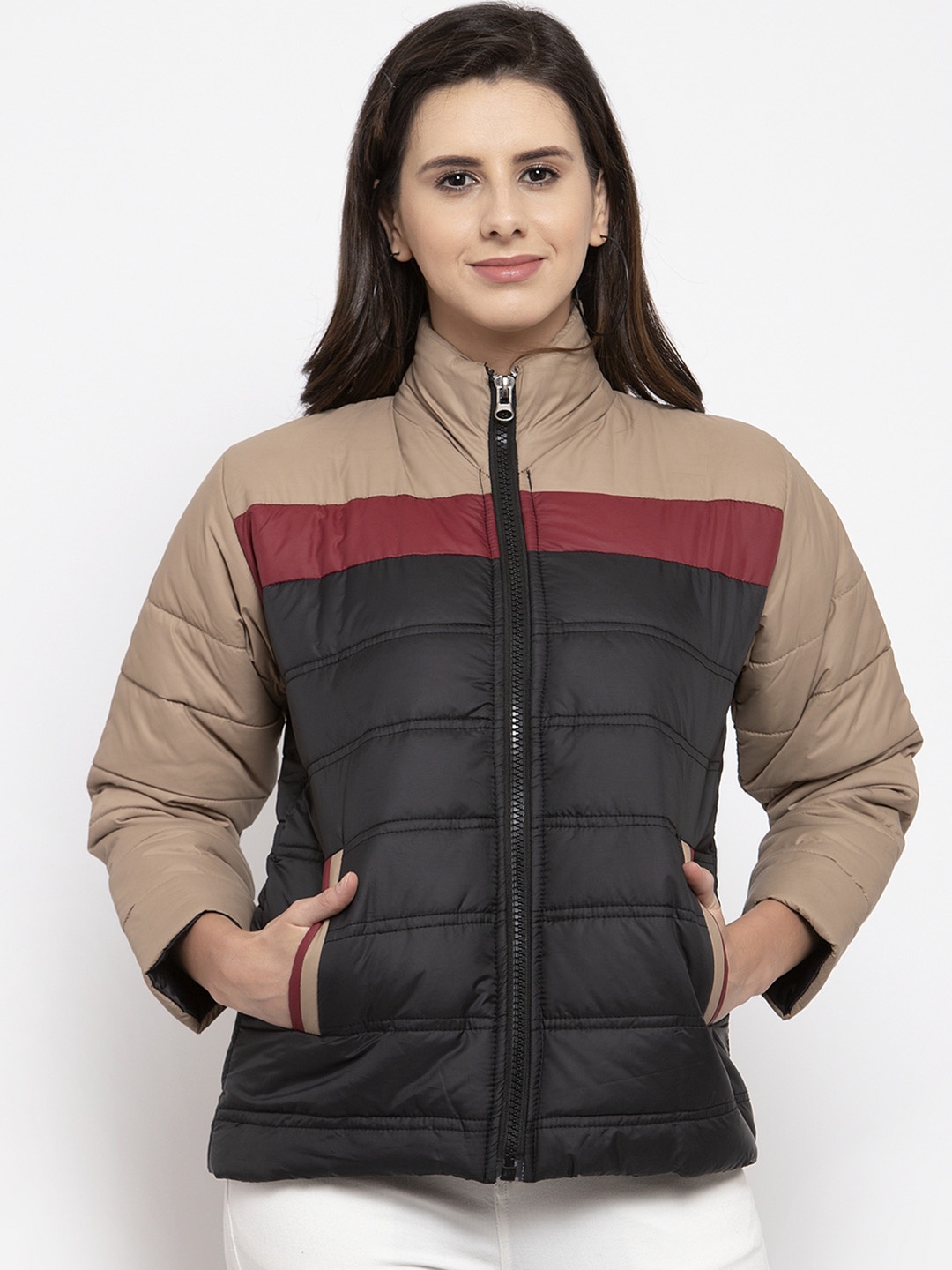 

VOXATI Women Black & Beige Colourblocked Puffer Jacket