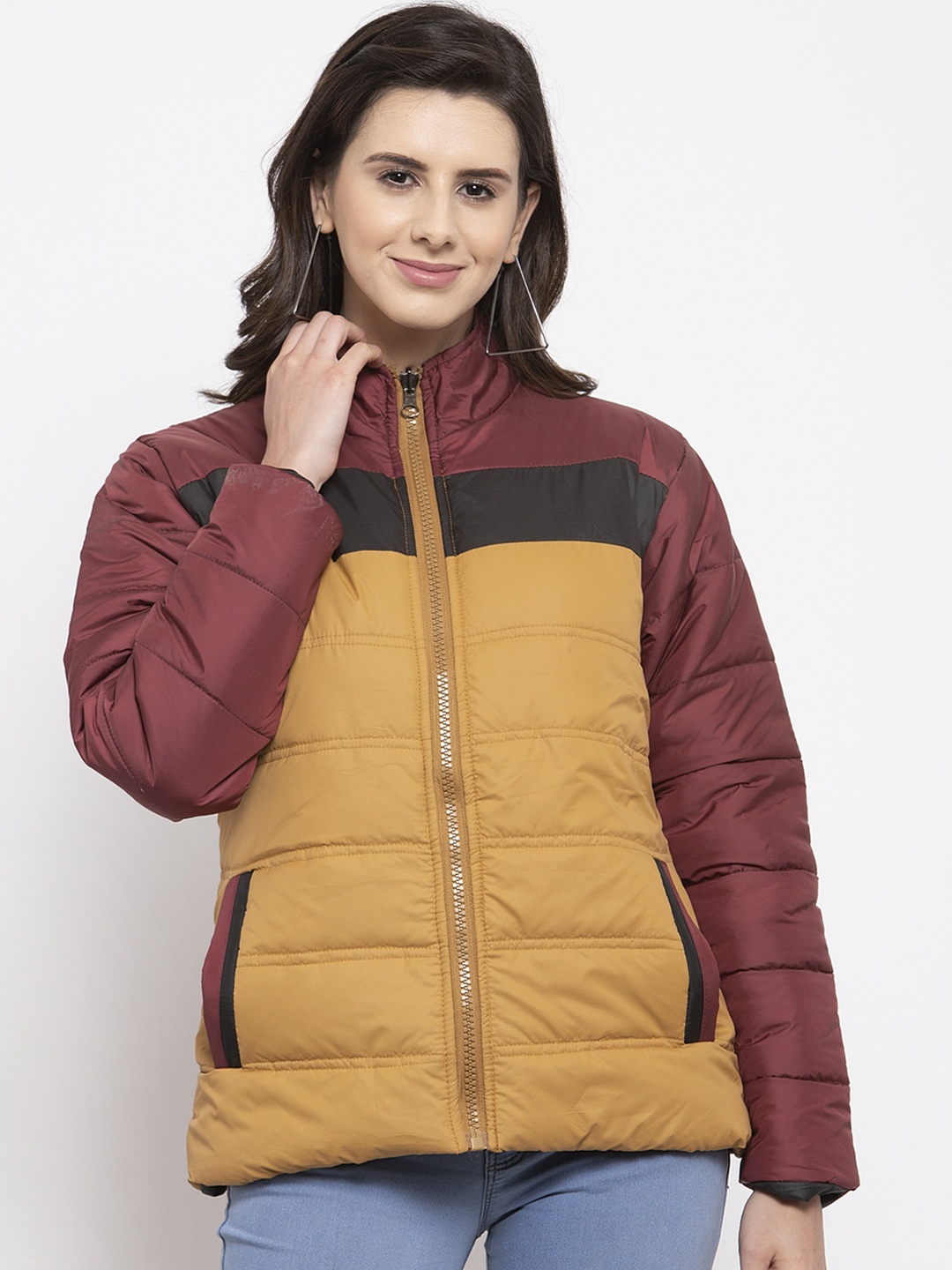 

VOXATI Women Mustard Yellow & Maroon Colourblocked Puffer Jacket