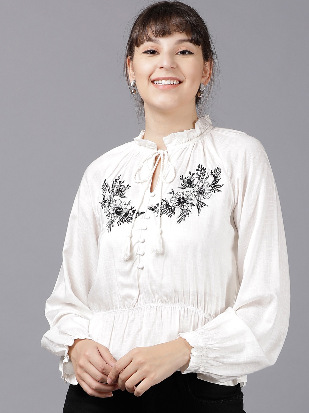 

Tokyo Talkies Women Off-White Embroidered Cinched Waist Top