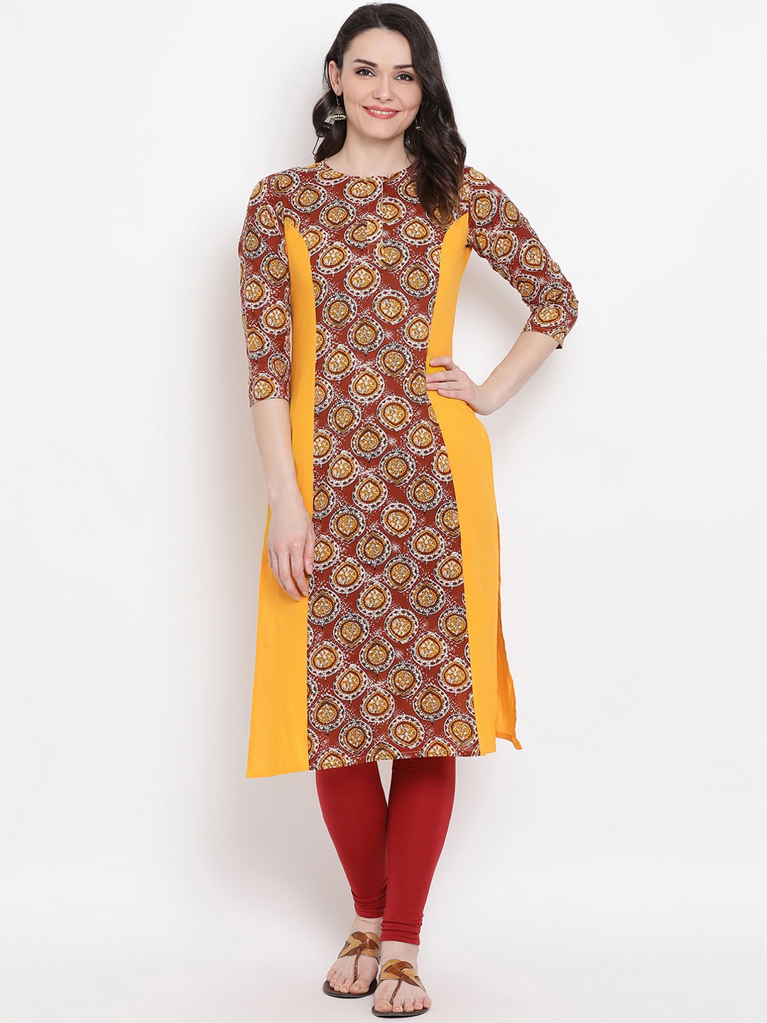 

FABNEST Women Yellow & Maroon Printed Straight Kurta