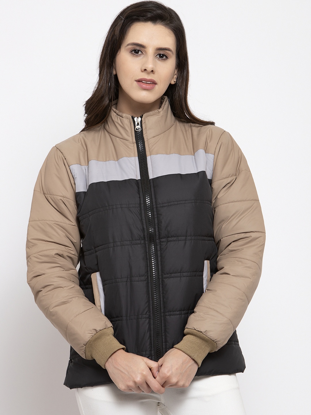 

VOXATI Women Black & Beige Colourblocked Puffer Jacket