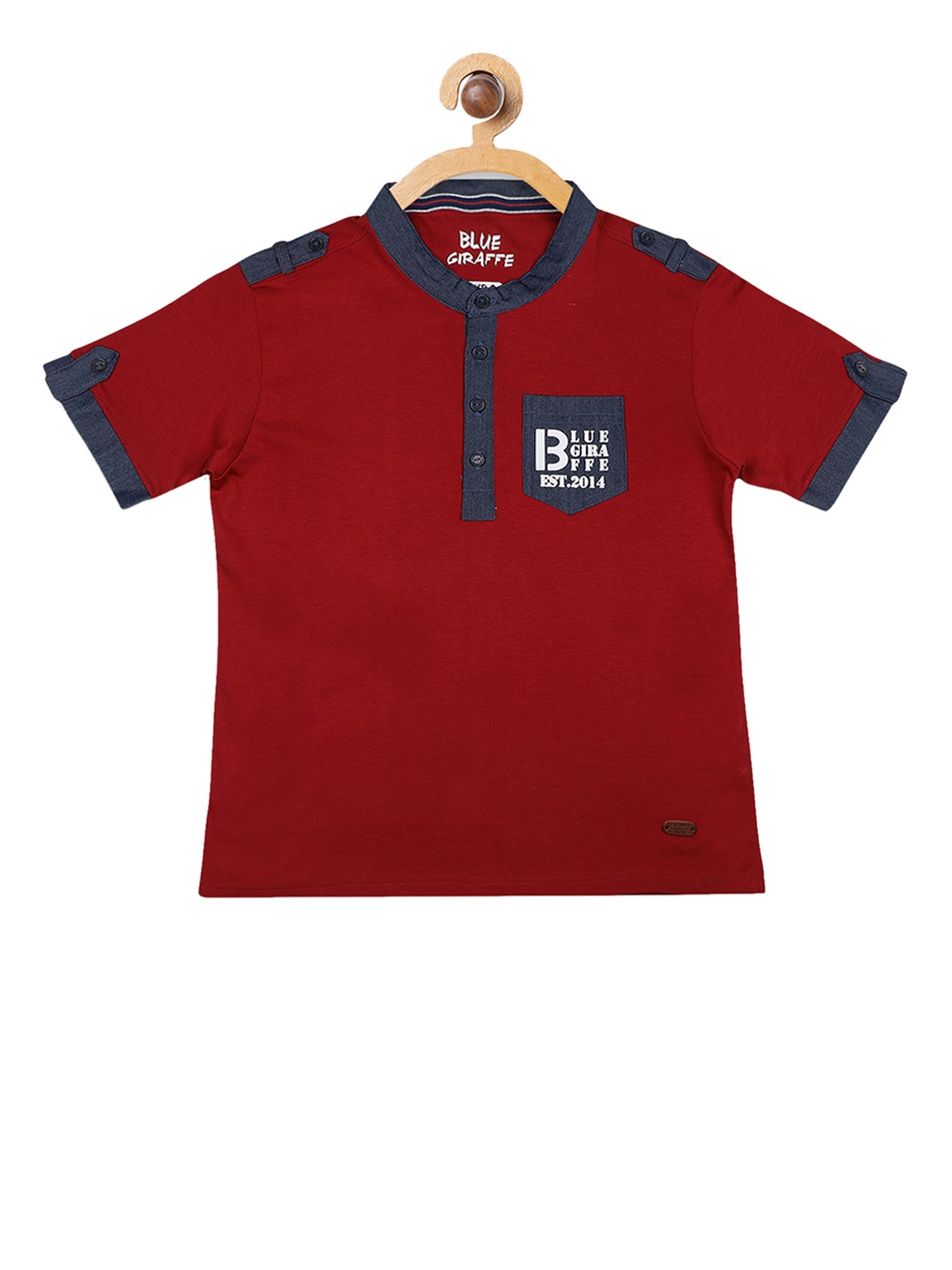 

Blue Giraffe Boys Red Printed Mandarin Collar T-shirt