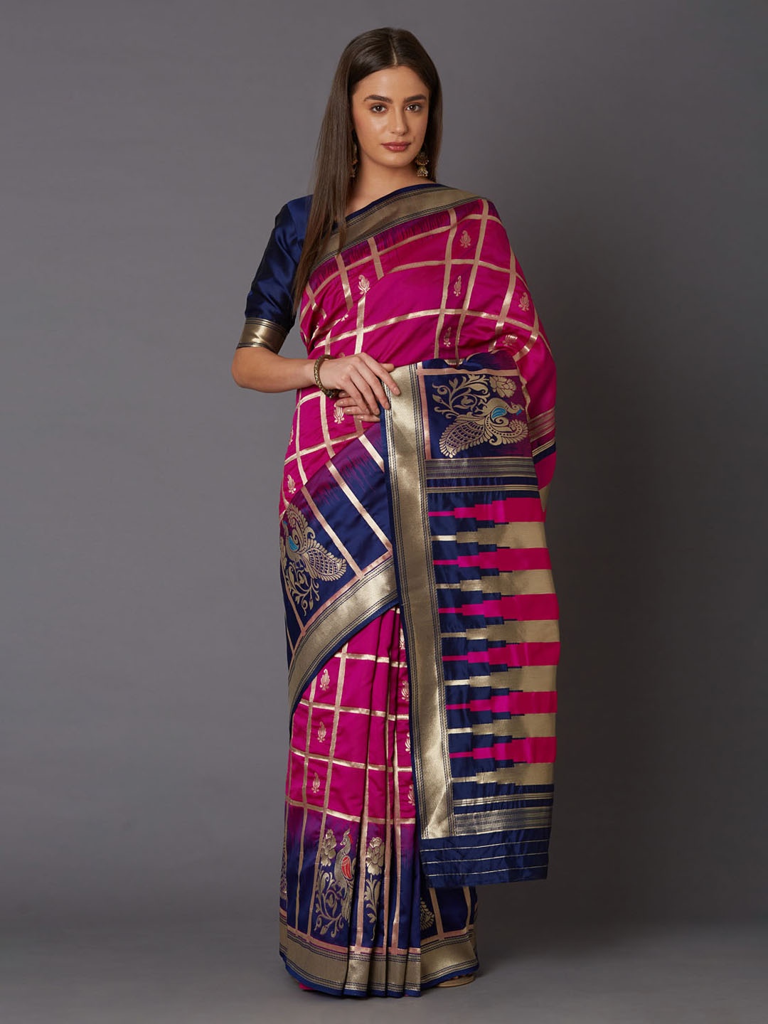 

Mitera Pink & Blue Silk Blend Woven Design Banarasi Saree