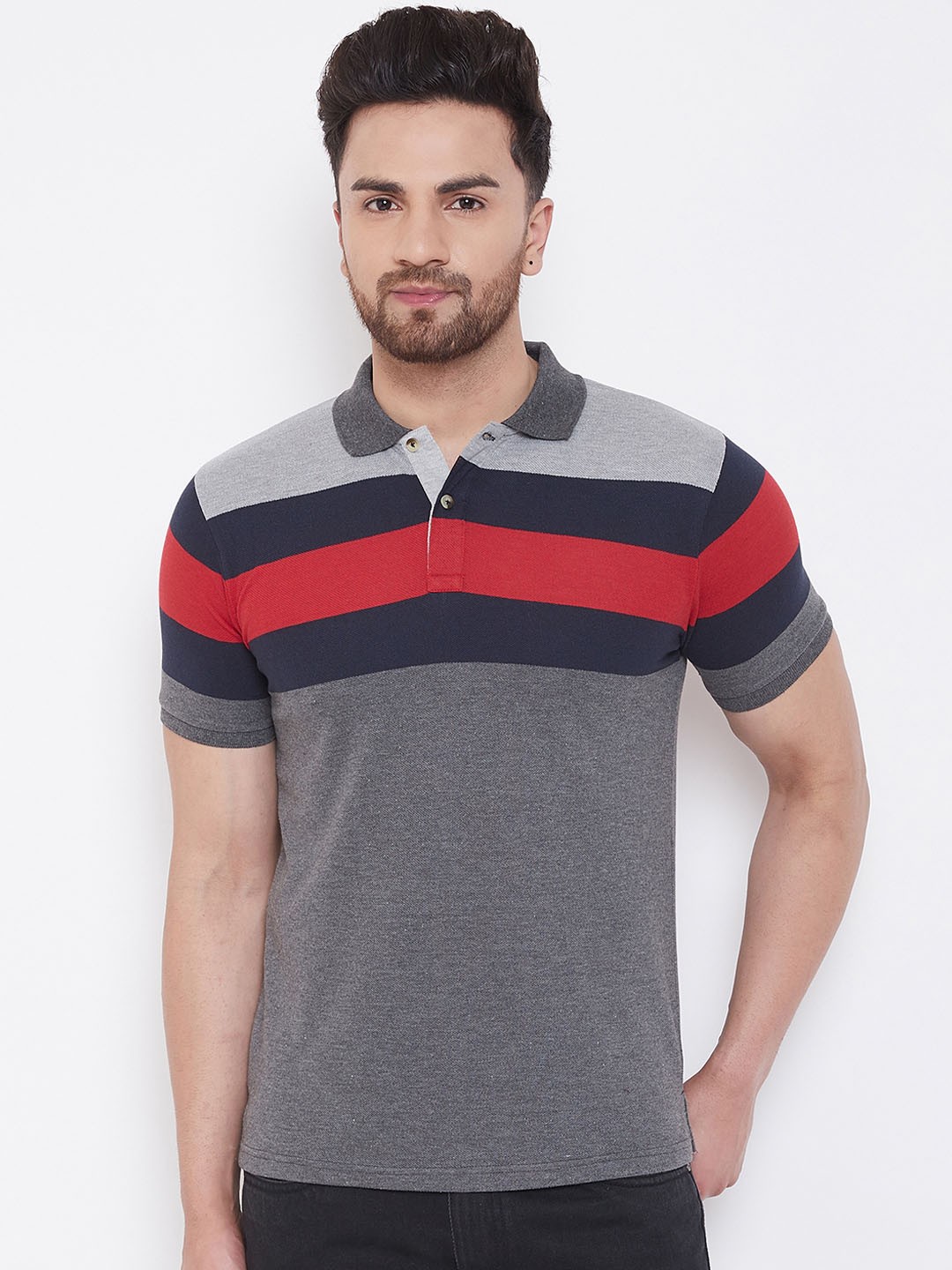 

Austin wood Men Grey & Red Striped Polo Collar T-shirt