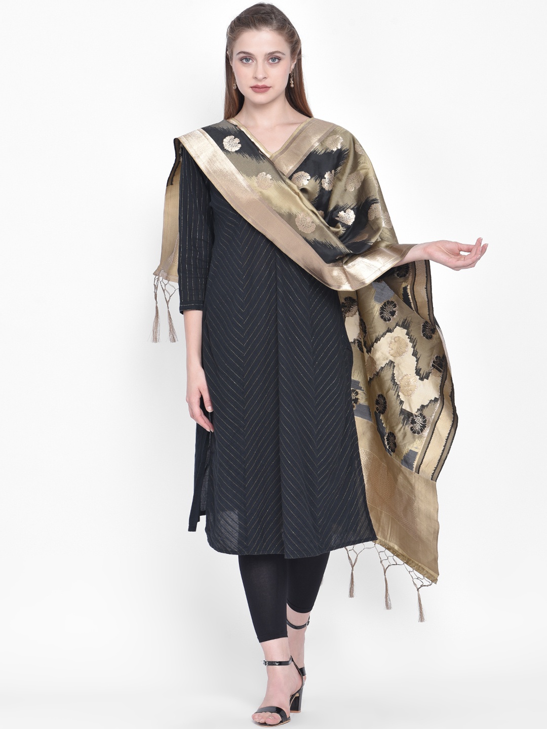 

Dupatta Bazaar Black & Gold-Coloured Woven Design Banarasi Silk Dupatta