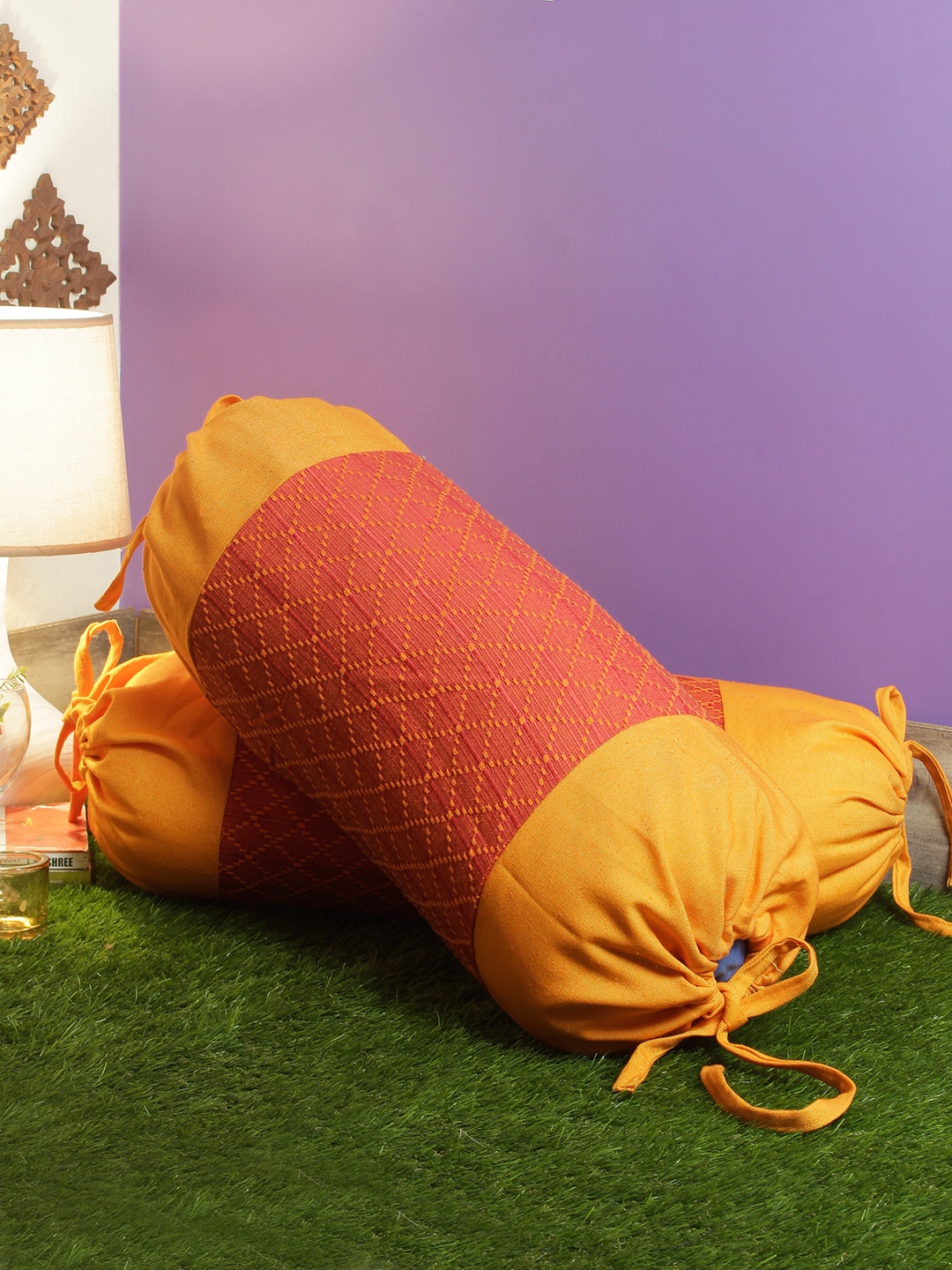 

Soumya Set of 2 Rust-Coloured & Mustard Yellow Self Checked Bolster Covers