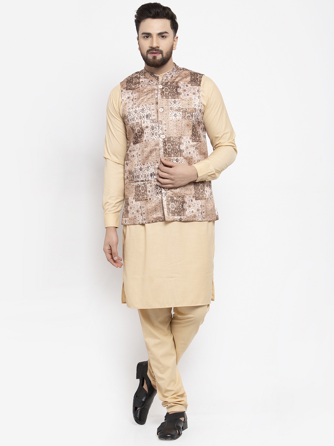

Jompers Men Beige & Brown Solid Kurta with Churidar & Nehru Jacket