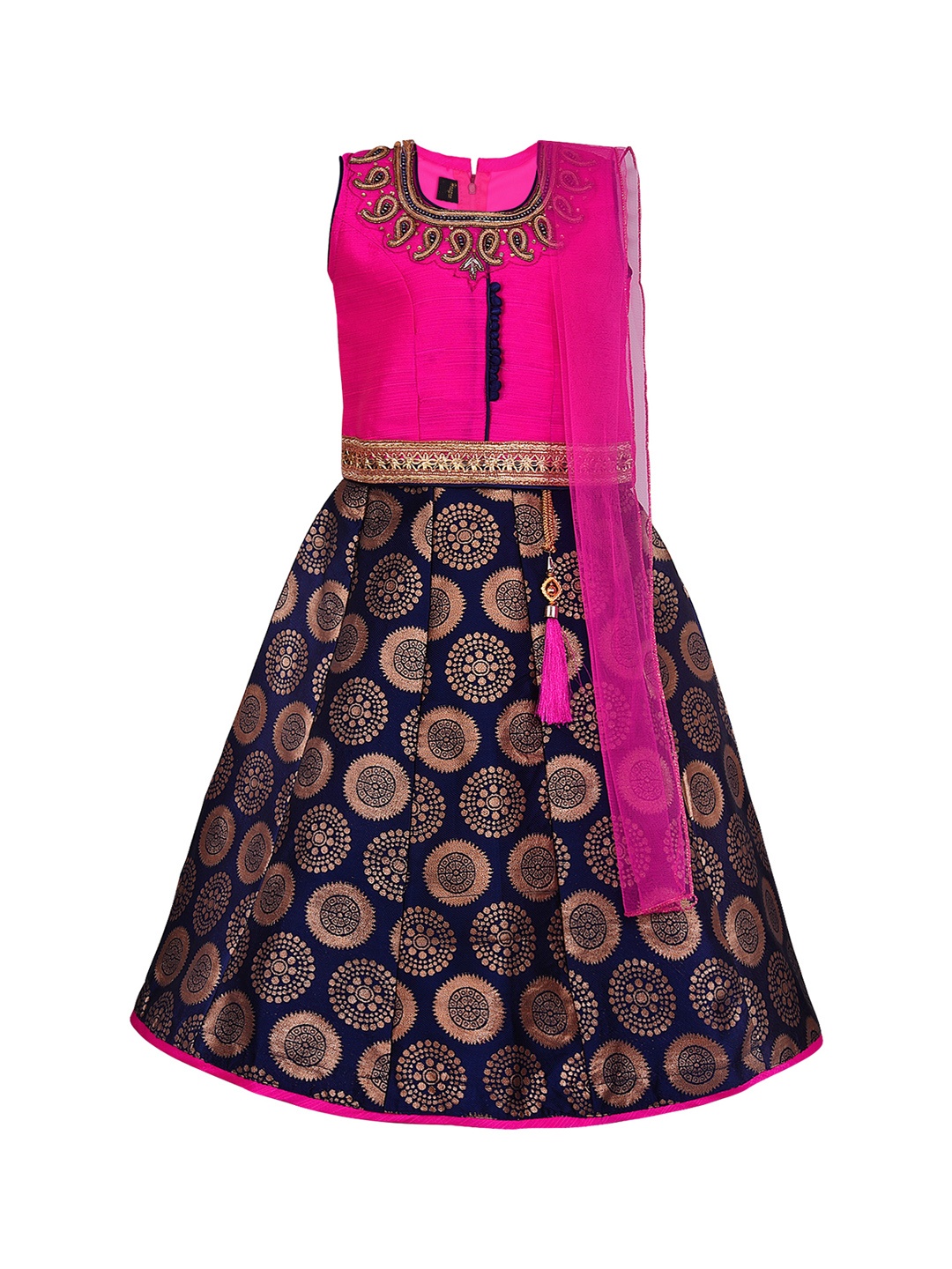 

Wish Karo Girls Pink & Navy Blue Embellished Ready to Wear Pattu Pavadai with Dupatta