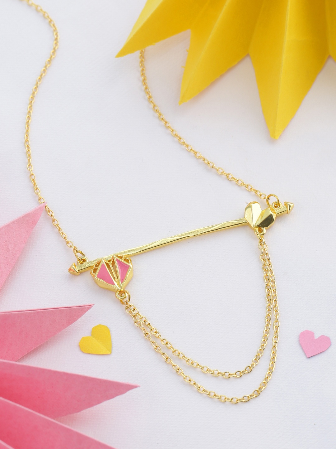 

Voylla Gold-Plated & Pink Enamelled Mi Amore Bar Chains Pendant With Chain