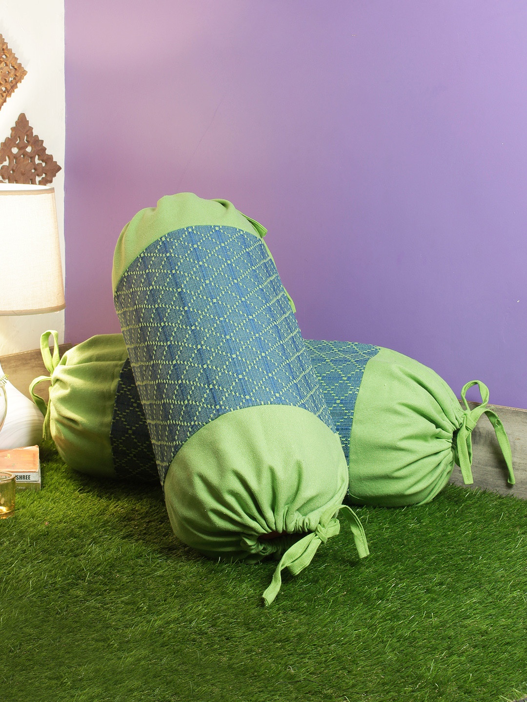 

Soumya Set of 2 Green & Teal Blue Self Designed Bolster Covers