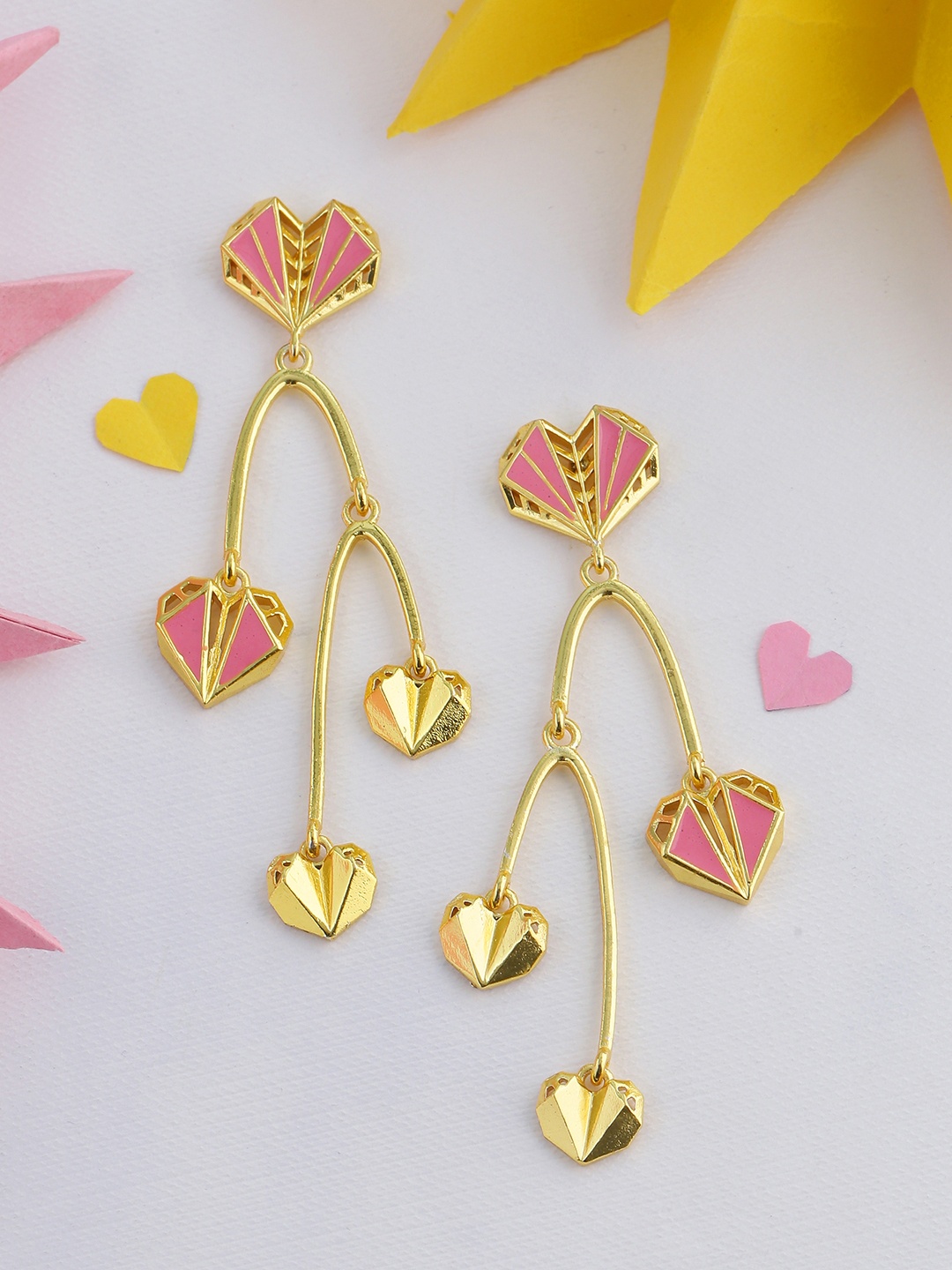 

Voylla Gold-Plated & Pink Heart Shaped Drop Earrings
