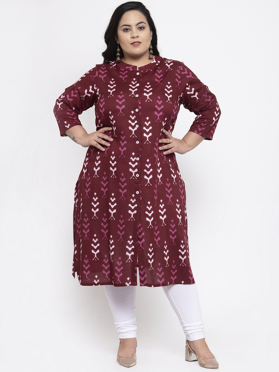 plusS Women Burgundy & White Printed Straight Kurta