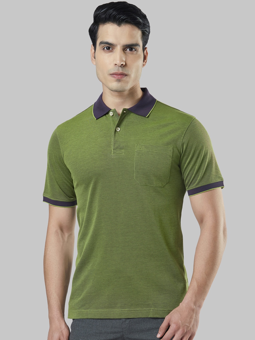 

Raymond Men Green Blue Solid Polo Collar Pure Cotton T-shirt