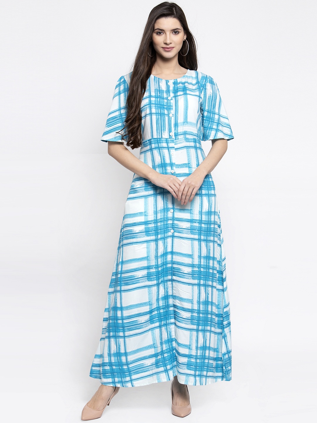 

Indibelle Women Blue & White Printed Kurta with Trousers
