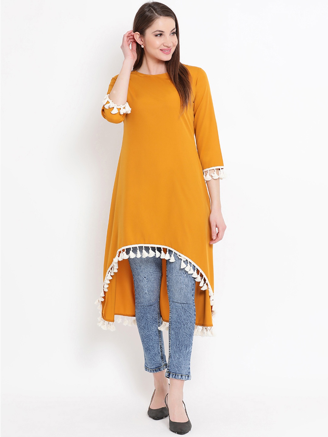 

FABNEST Women Mustard Yellow & White Solid Tunic