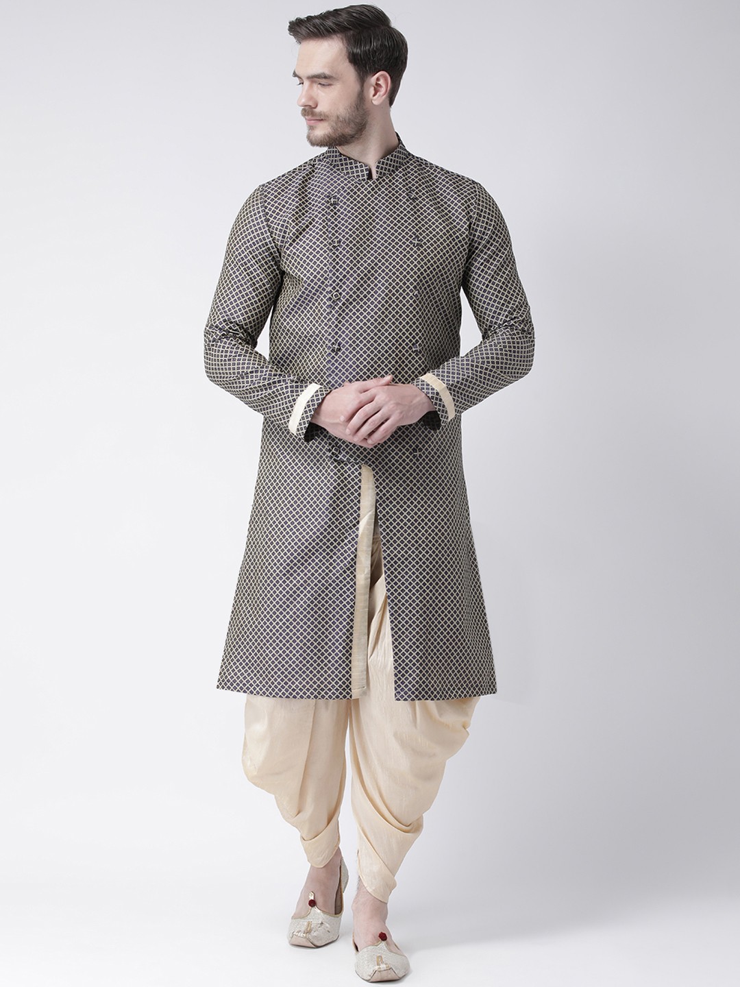 

DEYANN Men Navy Blue & Beige Woven Design Straight Kurta