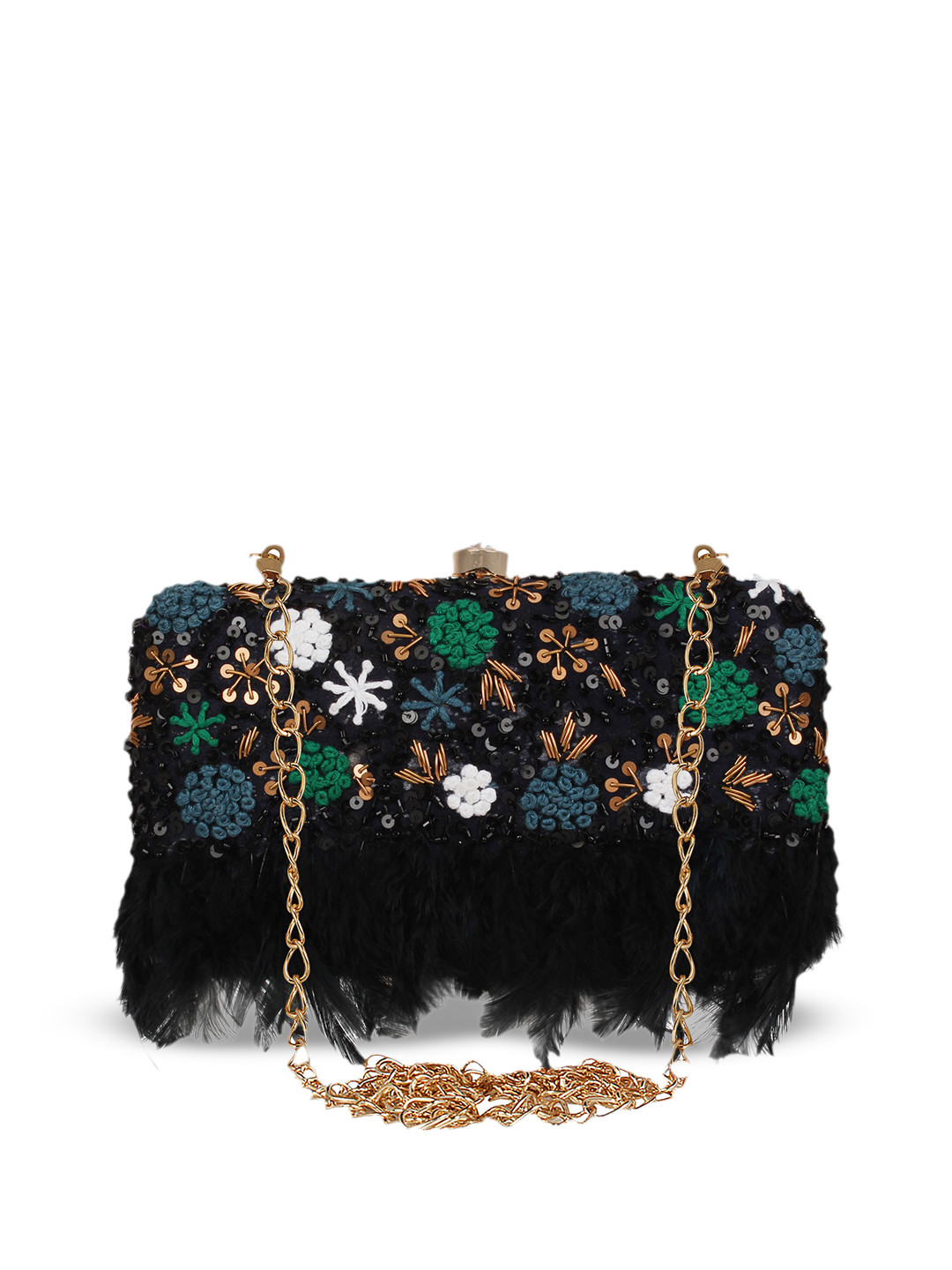

Anekaant Black & Gold-Toned Embroidered Embellished Clutch