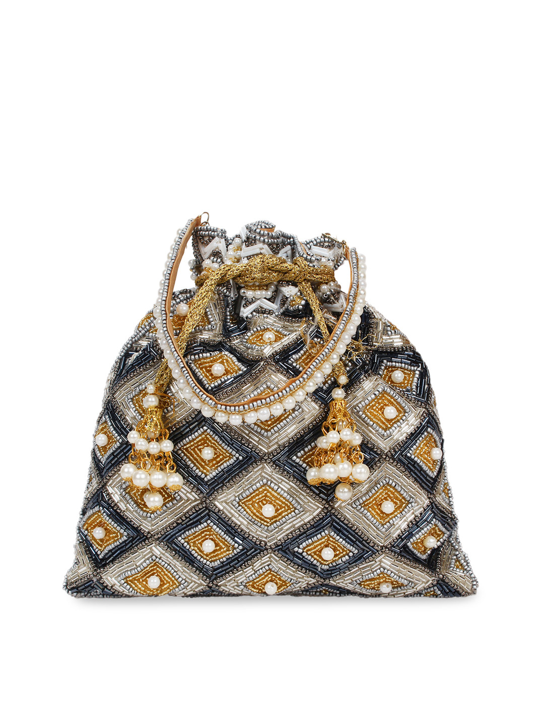

Anekaant Grey & Gold-Toned Embellished Embellished Clutch