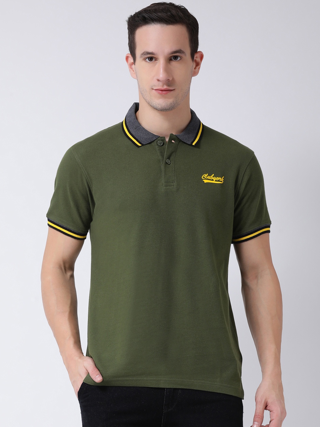 

Club York Men Olive Green Solid Polo Collar T-shirt