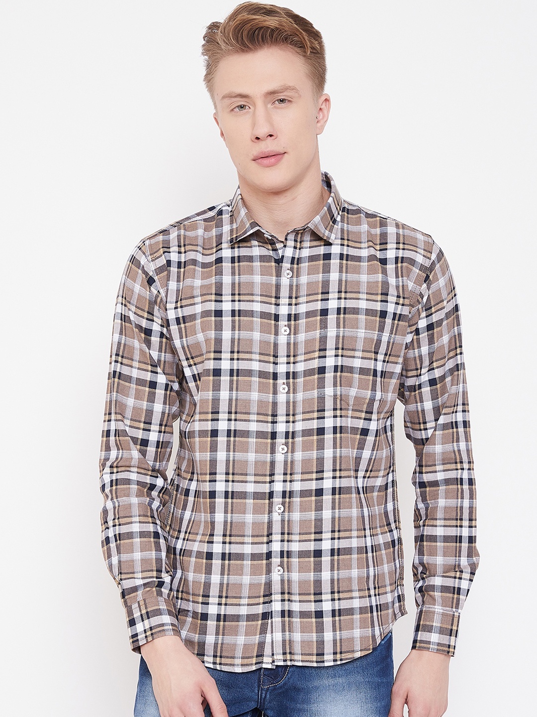 

METTLE Men Brown & Black Regular Fit Checked Casual Shirt