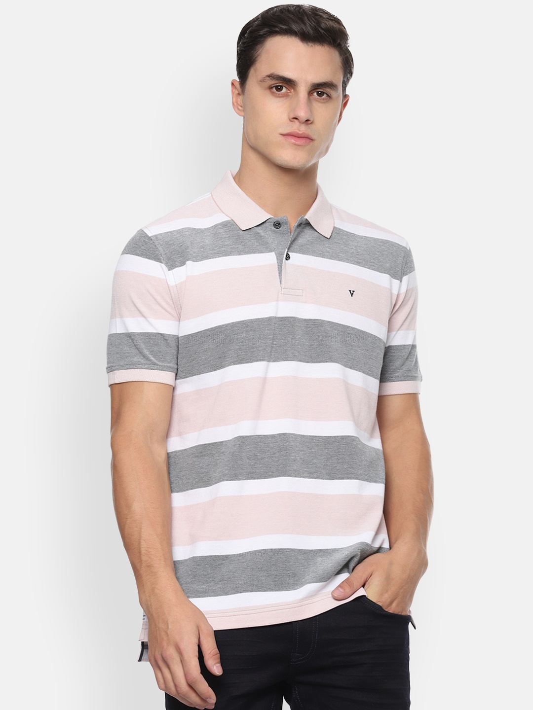 

Van Heusen Sport Men Grey White Striped Polo Collar Pure Cotton T-shirt