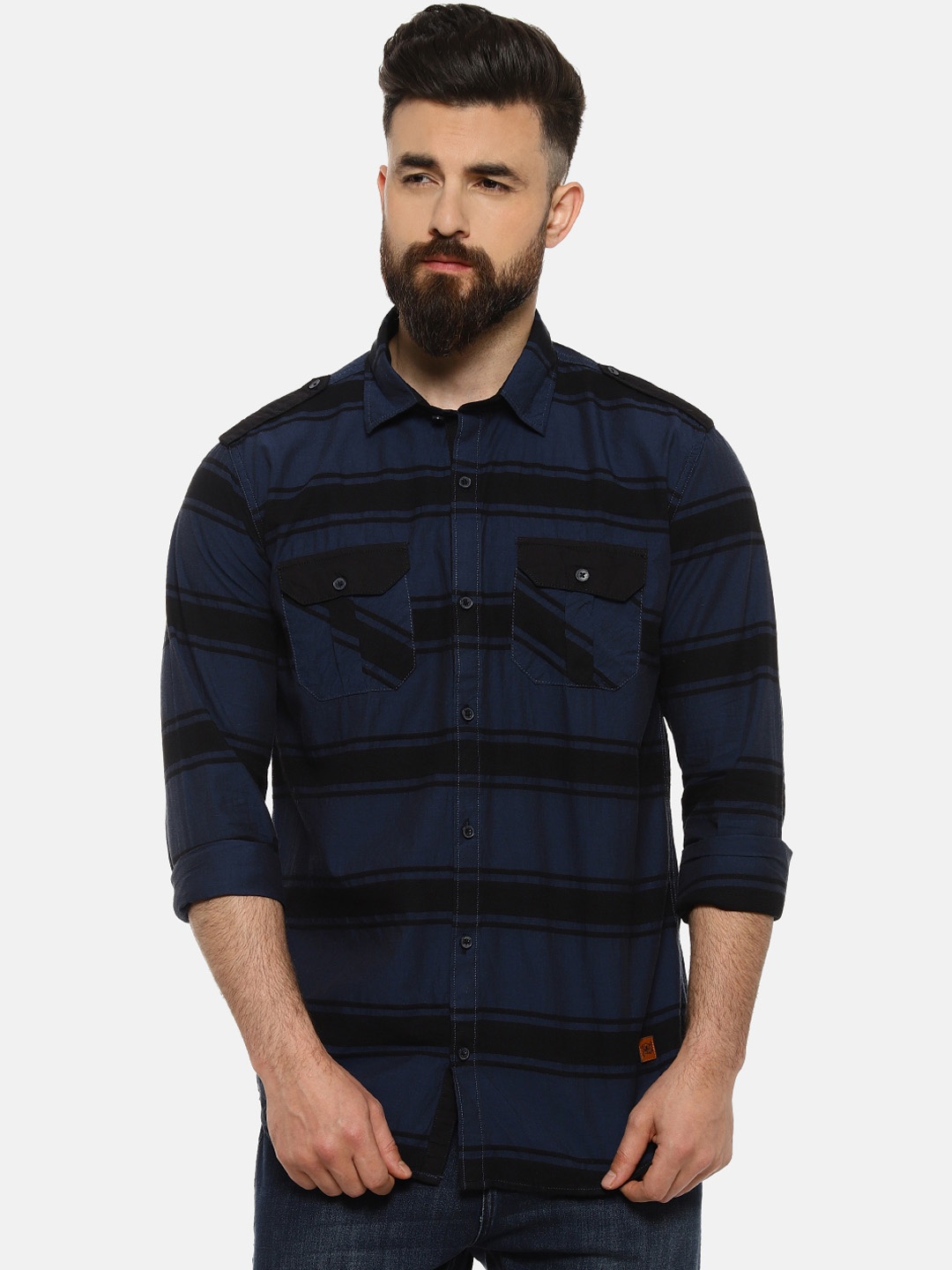 

Campus Sutra Men Blue & Black Regular Fit Striped Casual Shirt