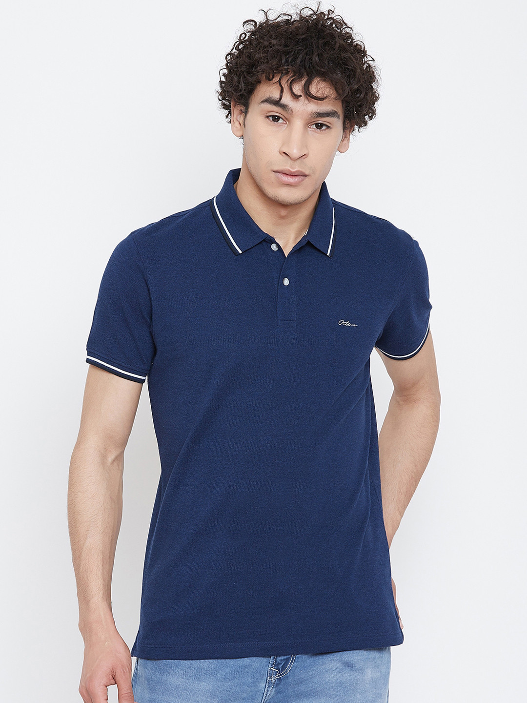 

Octave Men Blue Solid Polo Collar T-shirt