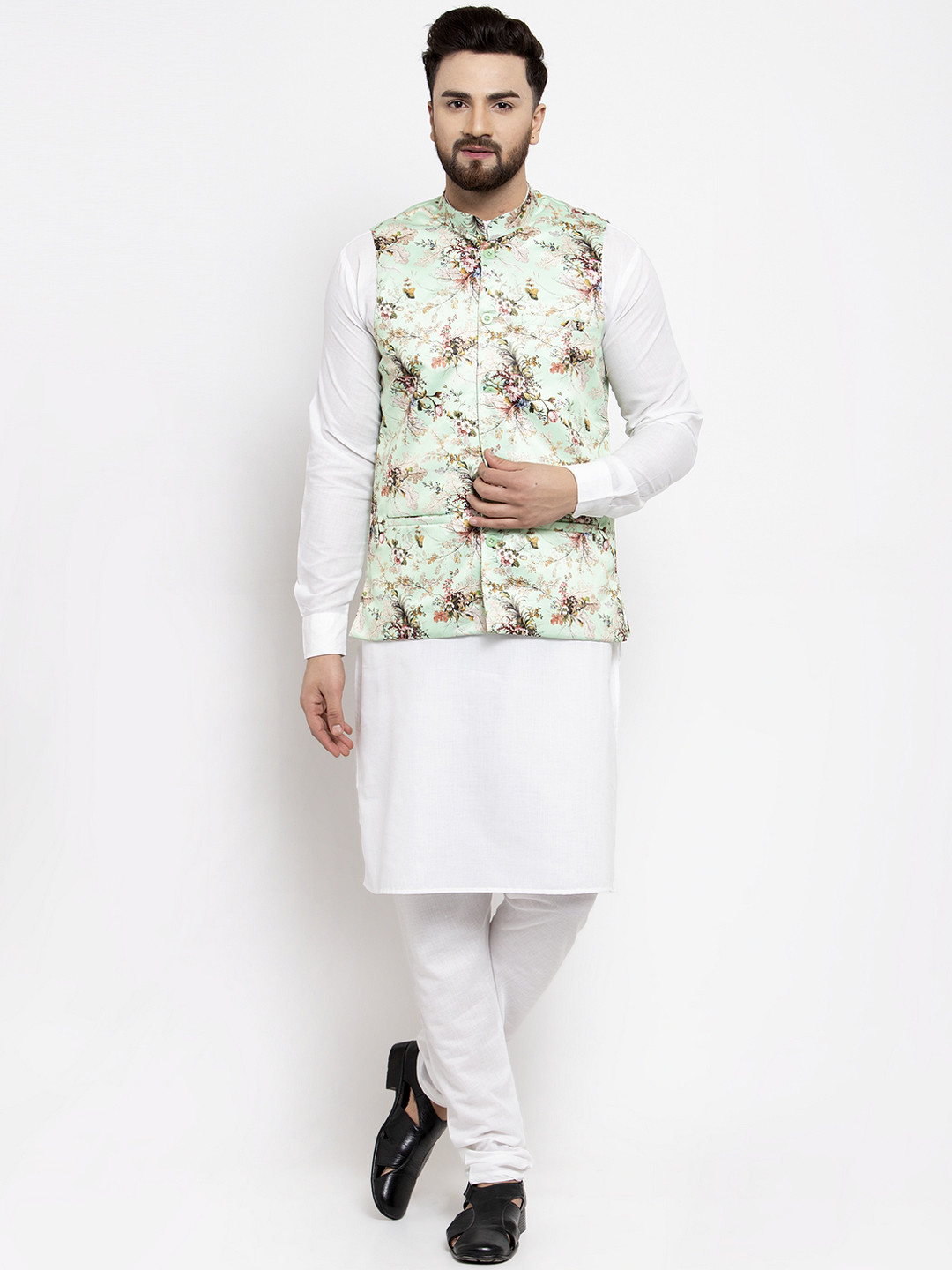 

Jompers Men White & Sea Green Solid Kurta with Churidar & Nehru Jacket