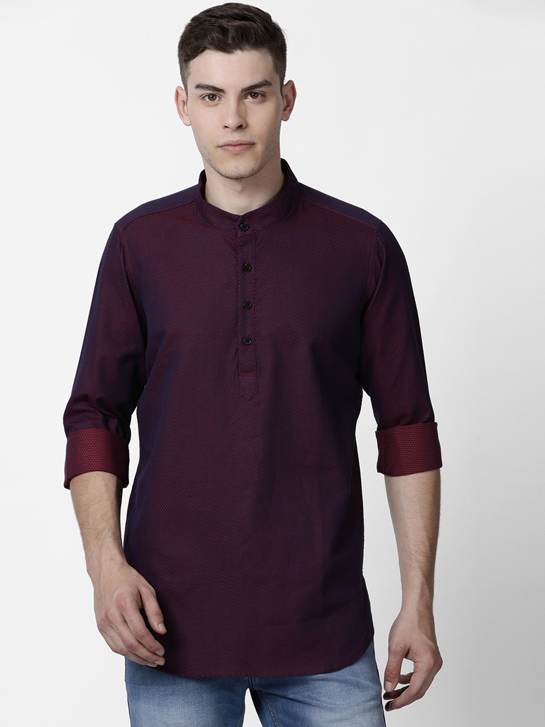 

Cross Court Men Burgundy Woven Design Straight Kurta