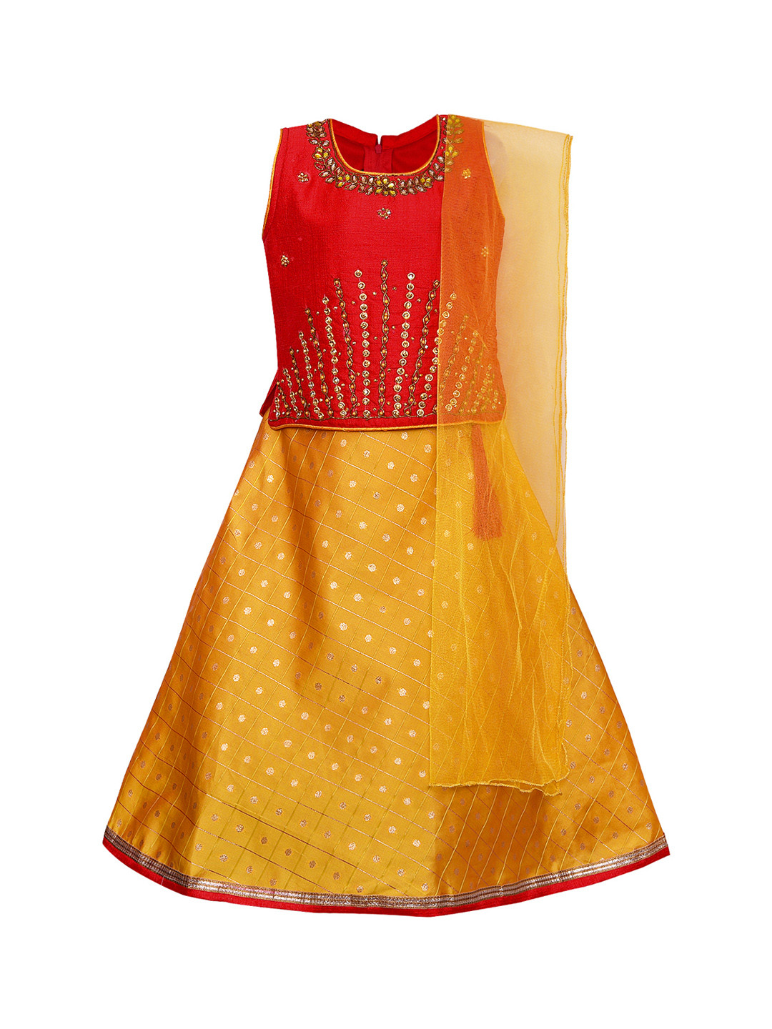 

Wish Karo Girls Red & Yellow Embellished Ready to Wear Pattu Pavadai with Dupatta