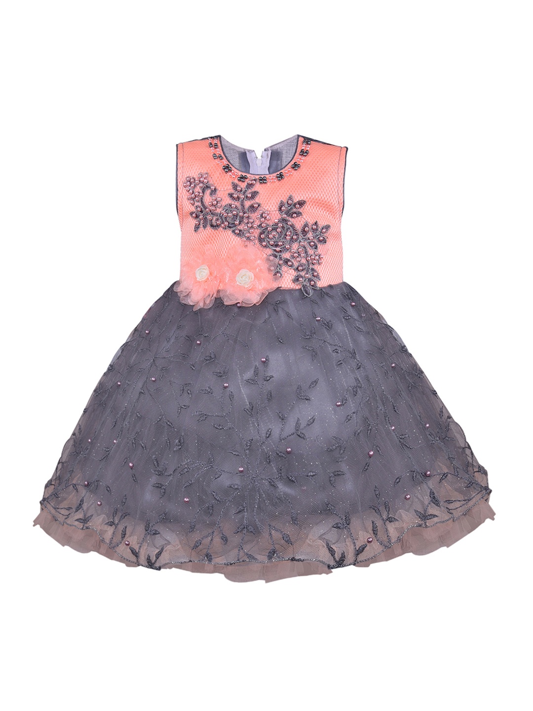 

Wish Karo Girls Peach-Coloured Self & Grey Design Fit and Flare Dress