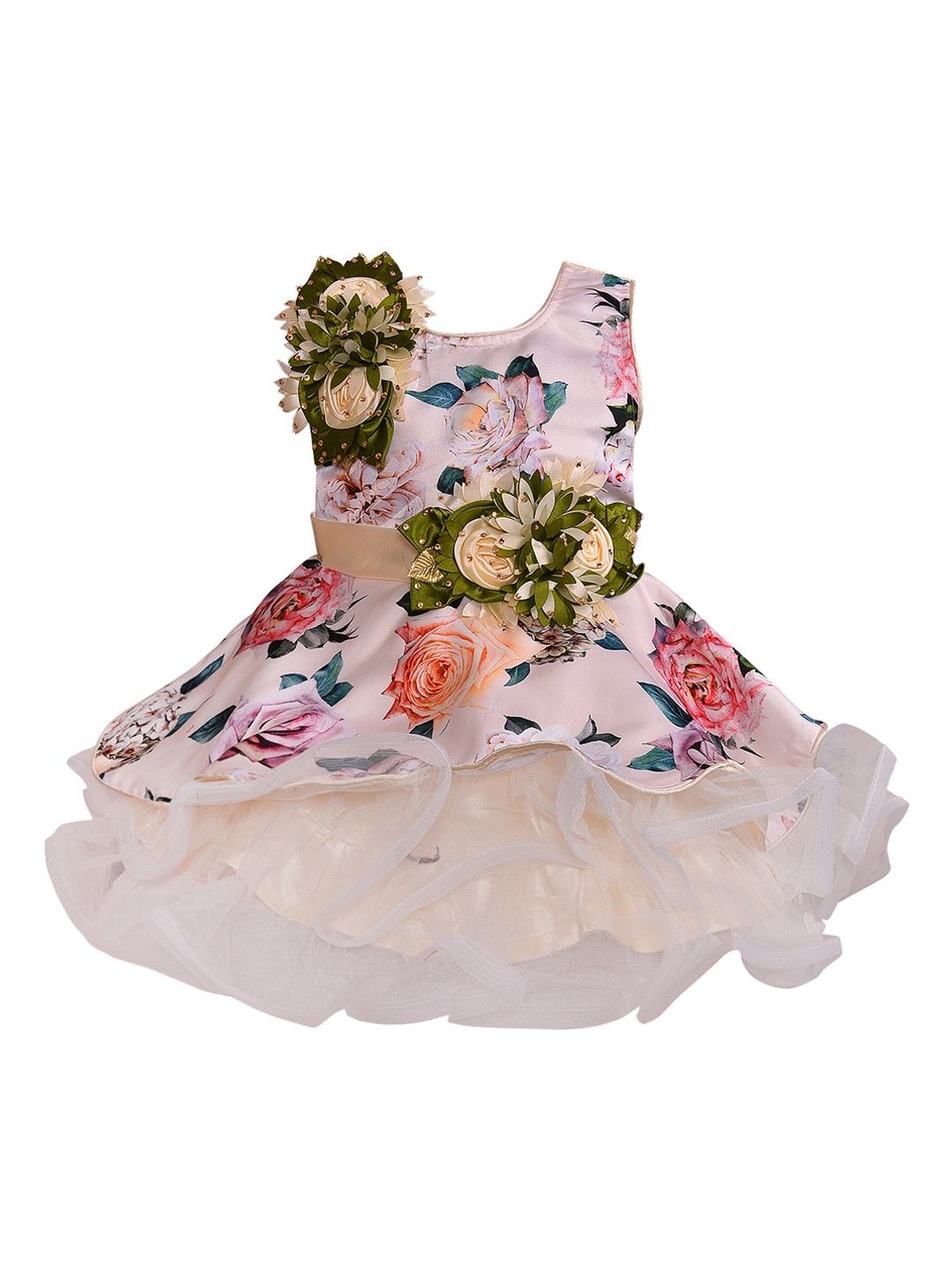 

Wish Karo Girls Cream-Coloured & Green Printed Fit and Flare Dress