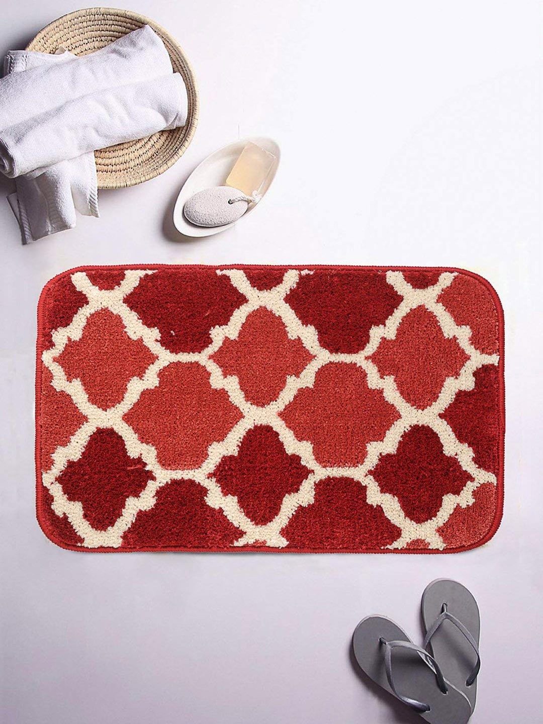 

ROMEE Maroon & Beige Printed Microfiber Bath Mat